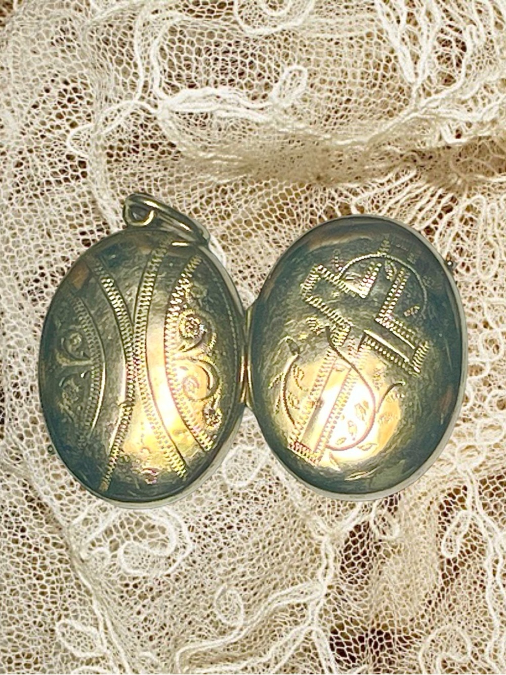 Antique- Gold Filled or Rolled Plate Oval Engraved Dual Design Locket  1 1/2”